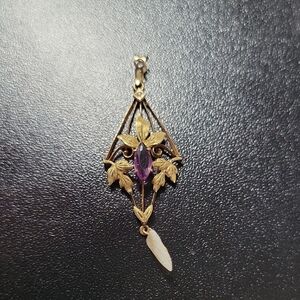 10k Gold Floral Pendant Necklace with Purple Stone and White Drop